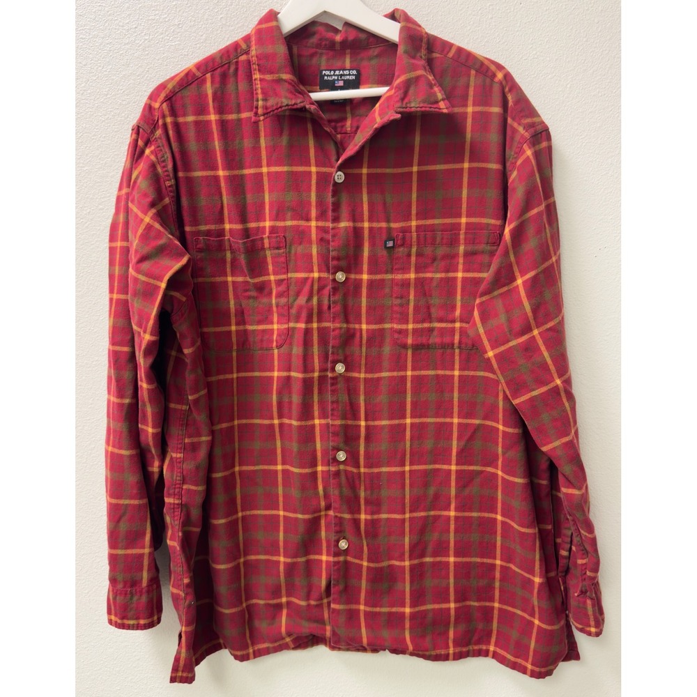 Polo Jeans Co Ralph Lauren Flannel Shirt Mens L Red Plaid Cotton L/S Western